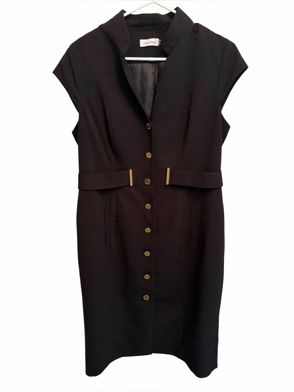 Calvin Klein Black Cap Sleeve Button-Front Midi Dress with Gold Accents. Size 12